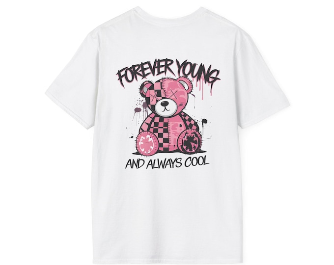 Cute Bear Graphic T-Shirt, Forever Young Funny Tee, Unisex Softstyle Shirt, Gift for Birthdays, Casual Wear, Trendy Apparel