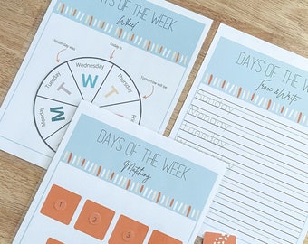 Days of the Week Printable, Days of the Week Matching, Tracing & Wheel, Homeschool Printable, Kindergarten Printable,  Homeschool Printables