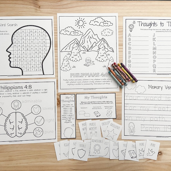 Philippians 4:8 Activity Pack for Kids, Think About Such Things, Bible Printables for Kids, Homeschool Bible Printables