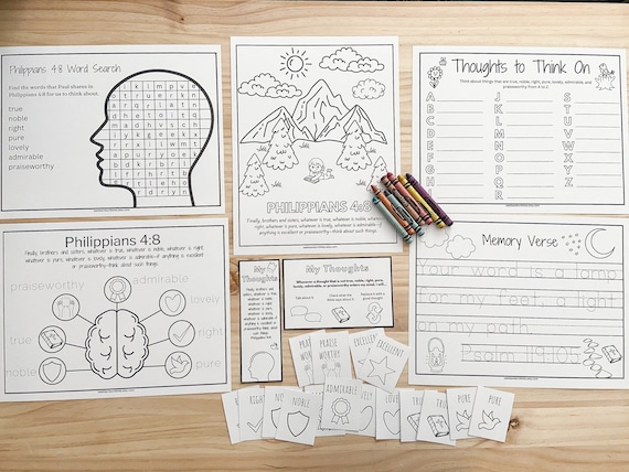 Philippians 4:8 Activity Pack for Kids Bible Printables Homeschool Lesson Crafts Scripture Cards Christian Learning
