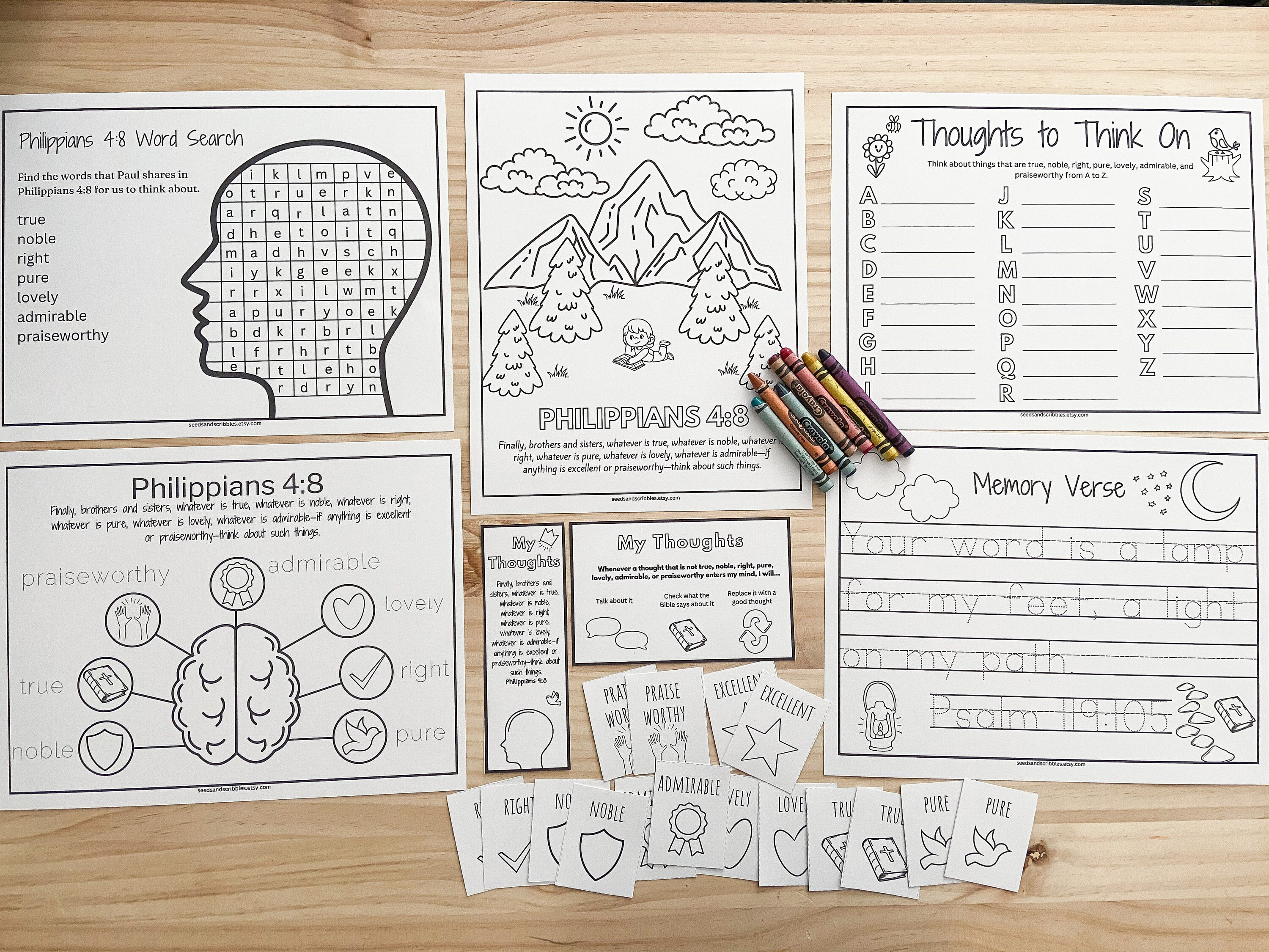 Philippians 4:8 Activity Pack for Kids, Think About Such Things, Bible Printables for Kids, Homeschool Bible Printables