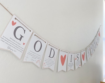 Pancarta imprimible de Dios es amor, versículo bíblico de San Valentín, arte de pared, decoración navideña para repisa, hogar cristiano