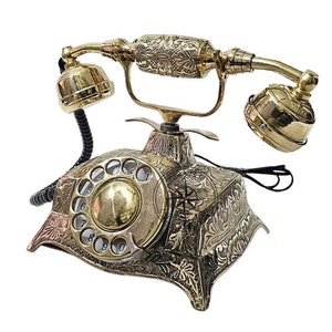 Engraved Brass Rotary Phone: Vintage French Victorian Tabletop Decor