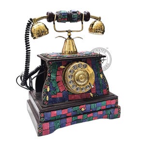 Victorian Style Brass Rotary Dial Telephone: Etched Wood Home Decor
