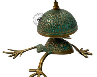 Solid Brass Green Patina Finish Frog Desk Bell, Tabletop Counter Service Bell