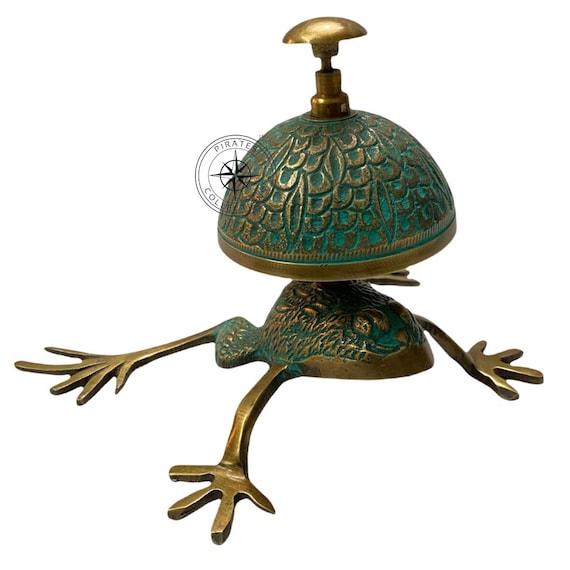 Solid Brass Green Patina Finish Frog Desk Bell, Tabletop Counter Service Bell