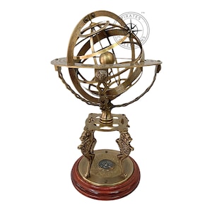 Solid Brass Armillary Globe with Compass: Antique Astrolabe Sphere on Wooden Base