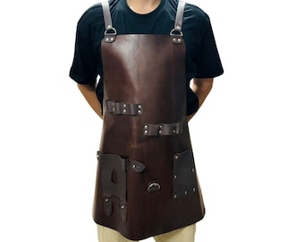 Full Grain Leather Work Apron, Unisex Adult, Multi-Pocket, Adjustable Fit, Reinforced Stitching