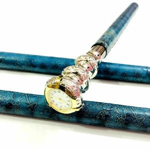 Brass Wood Walking Stick with Clock, Blue Leather Finish (39 Inches)