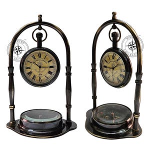 Engraved Brass Victoria London Table Clock with Compass Base