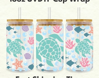 Turtle Summer 16oz UVDTF Cup Wrap *Trasferimento fisico* Trasferimenti DTF UV, Trasferimenti Wrap Cup estivi, Pronti per la spedizione uvdtf 0022