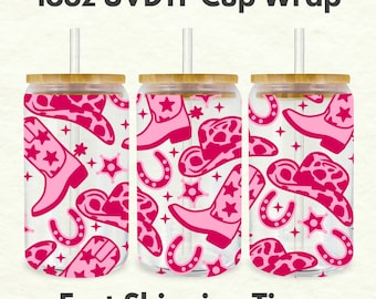 Pink Country Western 16oz UVDTF Cup Wrap *Physical Transfer* UV DTF Transfers, Cowgirl Cup Wrap Transfers, Ready to Ship uvdtf 0024