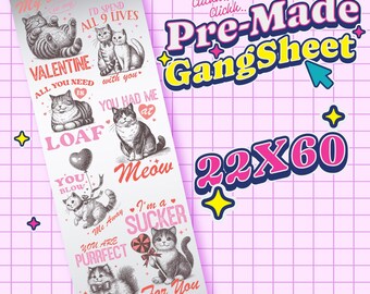 Valentine Kitty Cat Love Hearts Purrfect DTF Transfer Gang Sheet