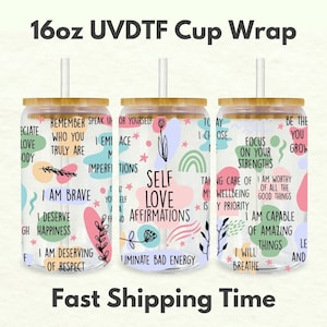 Self Love Affirmaties 16oz UVDTF Cup Wrap *Fysieke overdracht* UV DTF Transfers, Cup Wrap Transfers, Klaar om te verzenden uvdtf 0004
