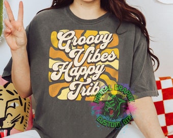 Ready to Press Groovy Vibes Happy Trive Retro Groovy DTF Transfer Retro Aesthetic Trendy DTF Transfer Apparel Transfer D0086