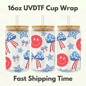 4. Juli Smiley 16oz UVDTF Cup Wrap, 4. Juli Coquette Bows UV DTF Transfers, Cup Wrap Transfers, versandfertig uvdtf 0014