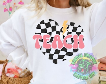 Ready to Press Teacher Retro Checkered DTF Transfer DTF Apparel Transfer Teacher Lightening Bolt Groovy Checkered Heart D0099