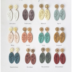 Birth Month Flower earrings, polymer clay stamped birth flower earrings, birth month jewelry
