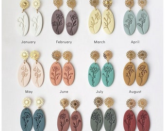 Birth Month Flower earrings, polymer clay stamped birth flower earrings, birth month jewelry