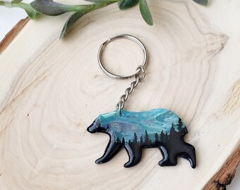 Bear keychain, forest design, blue gemstone bear keychain