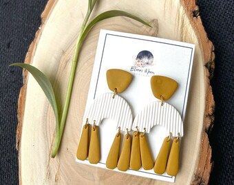 Corduroy polymer clay earrings, trendy accessories, white and mustard yellow earrings