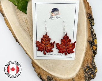 Earthy Red Natural Maple Leaf Dangle Earrings, Handmade Canadian Jewelry, Canada Souvenir, Nature-Inspired Gift, Patriotic Pride Accessories