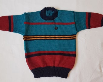 Boy's striped round neck hand knitted pure woolen jumper