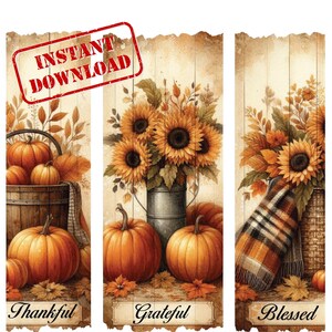Fall Sunflower Pumpkin Wall Art | Rustic Autumn Farmhouse Decor | Thankful Grateful Blessed Prints | Harvest Seasonal Home Decorations