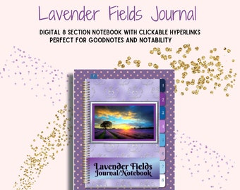 Lavendelfelder Digitales Notizbuch - Journal mit Hyperlinks - 8 Abschnitte sind anklickbar - Bonus Dot Journal Abschnitt - Goodnotes-Noteshelf