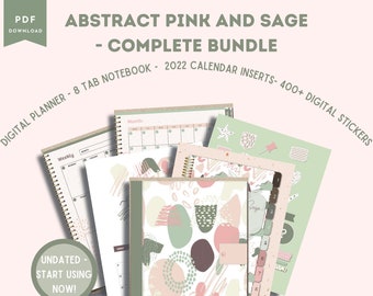 Abstract Pink and Sage Complete  Bundle - Digital  Planner with Hyperlinks- 2023 Calendar Planner Inserts ,  400+ Digital Planner Stickers