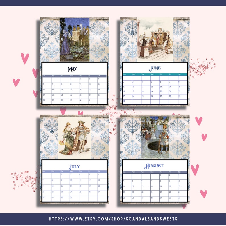 2024 Vintage Cinderella Printable or Digital Monthly Calendars Plus