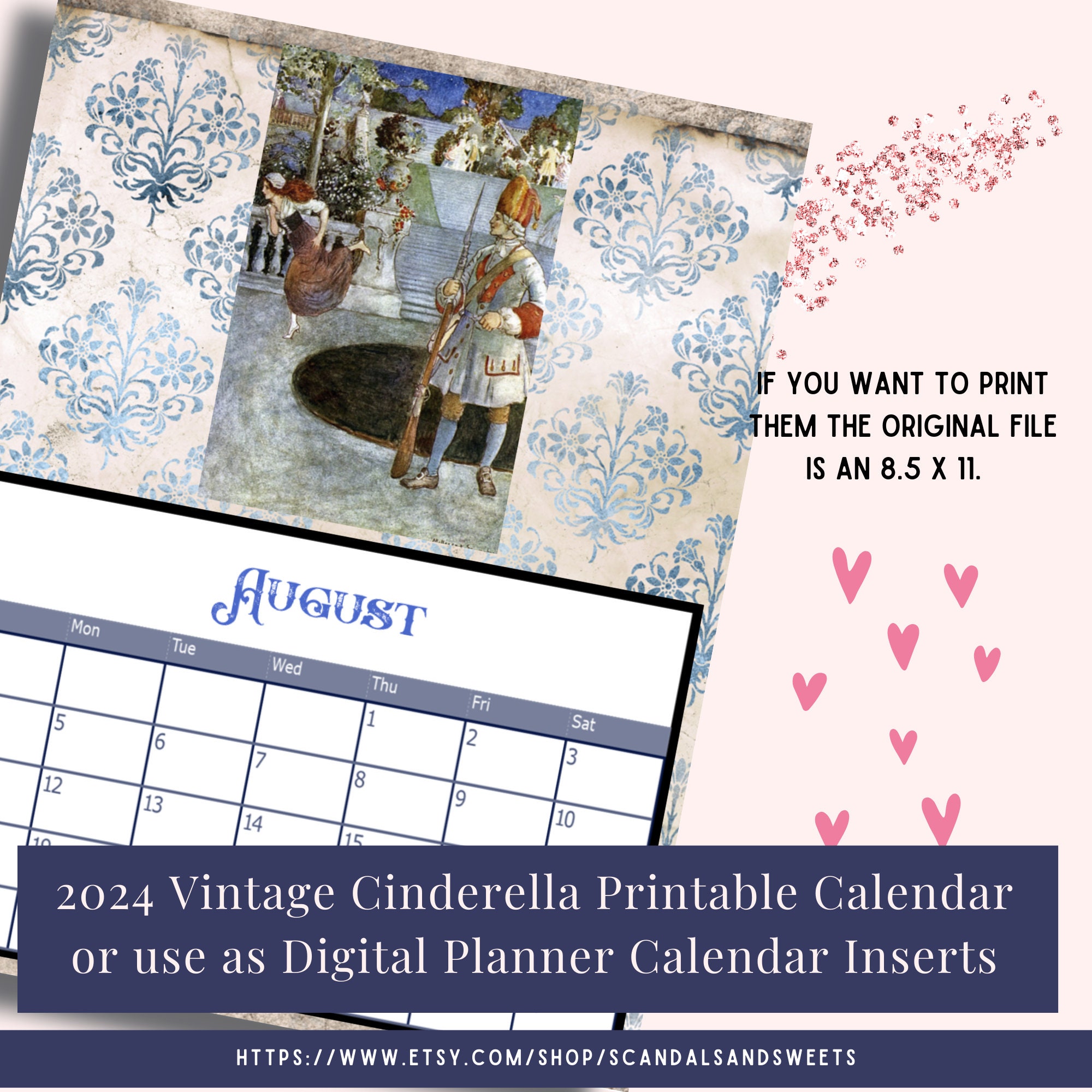 2024 Vintage Cinderella Printable or Digital Monthly Calendars Plus 2024 & 2025 at a Glance Art