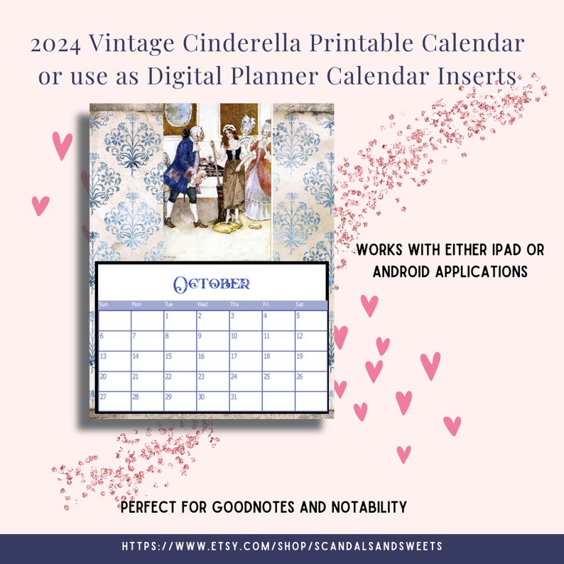 2024 Vintage Cinderella Printable or Digital Monthly Calendars Plus 2024 & 2025 at a Glance Art