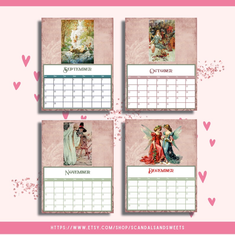 2024 Vintage Fairy Calendar Printable or Digital Monthly Calendars Plus