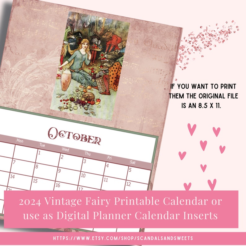 2024 Vintage Fairy Calendar Printable or Digital Monthly Calendars Plus