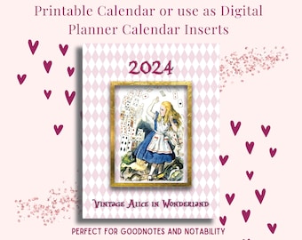 2024 Alice in Wonderland Calendar -  Digital Inserts - Monthly Calendars plus 2024 at a Glance - Great to add to your Goodnotes!