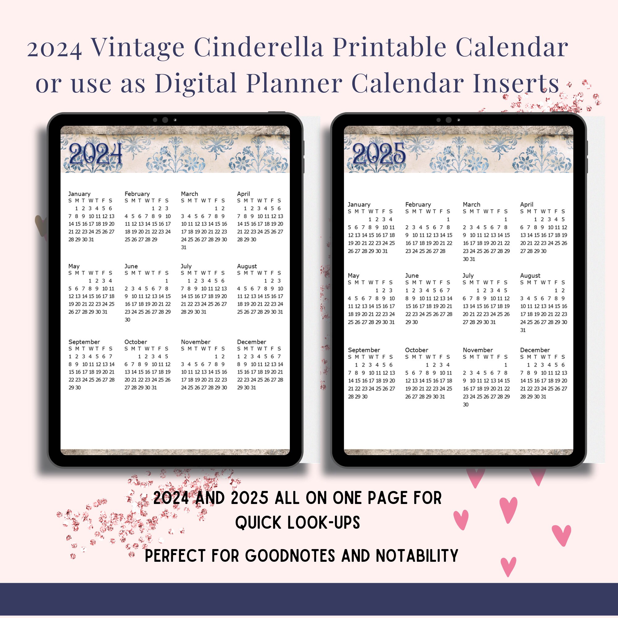 2024 Vintage Cinderella Printable or Digital Monthly Calendars Plus 2024 & 2025 at a Glance Art
