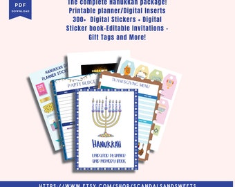 Hanukkah Undated Bundle - Printable Planner-Planner Inserts , Hanukkah Planner, Thanksgiving Planner, 300+ Stickers, Editable Invitations