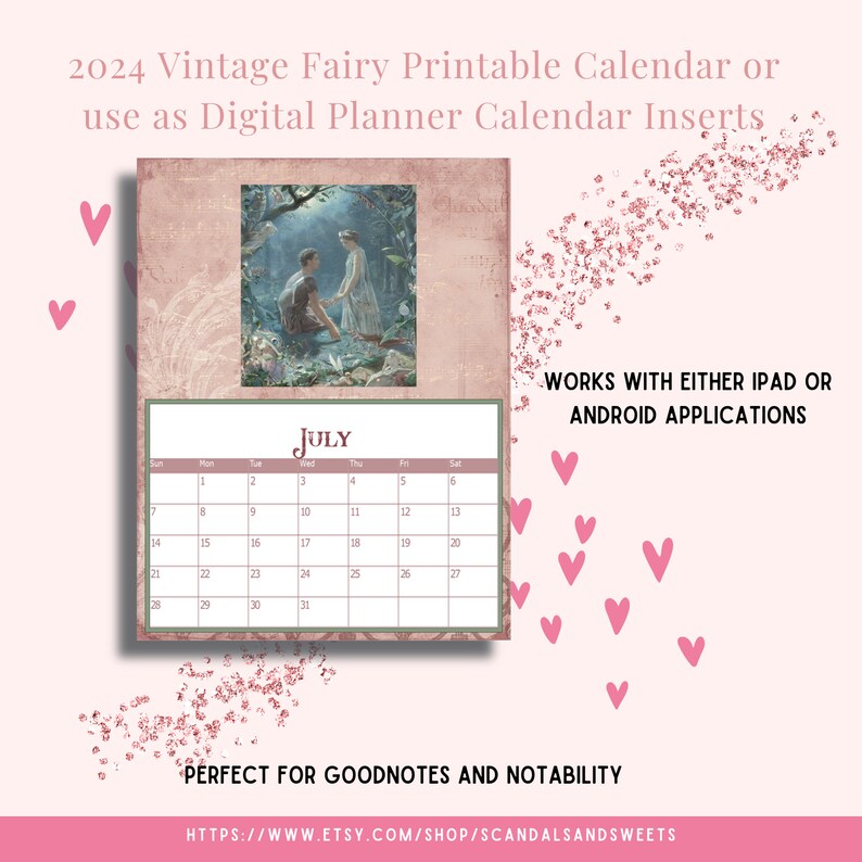 2024 Vintage Fairy Calendar Printable or Digital Monthly Calendars Plus