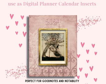 2024 Vintage Feen Kalender - druckbar oder digital - Monatskalender plus 2024 & 2025 auf einen Blick - Kunstkalender Instant Download