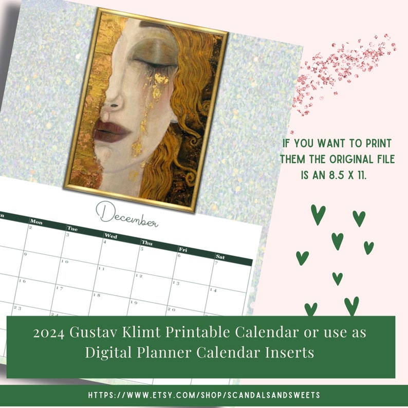 2025 Gustav Klimt Calendar Printable or Digital Inserts Monthly
