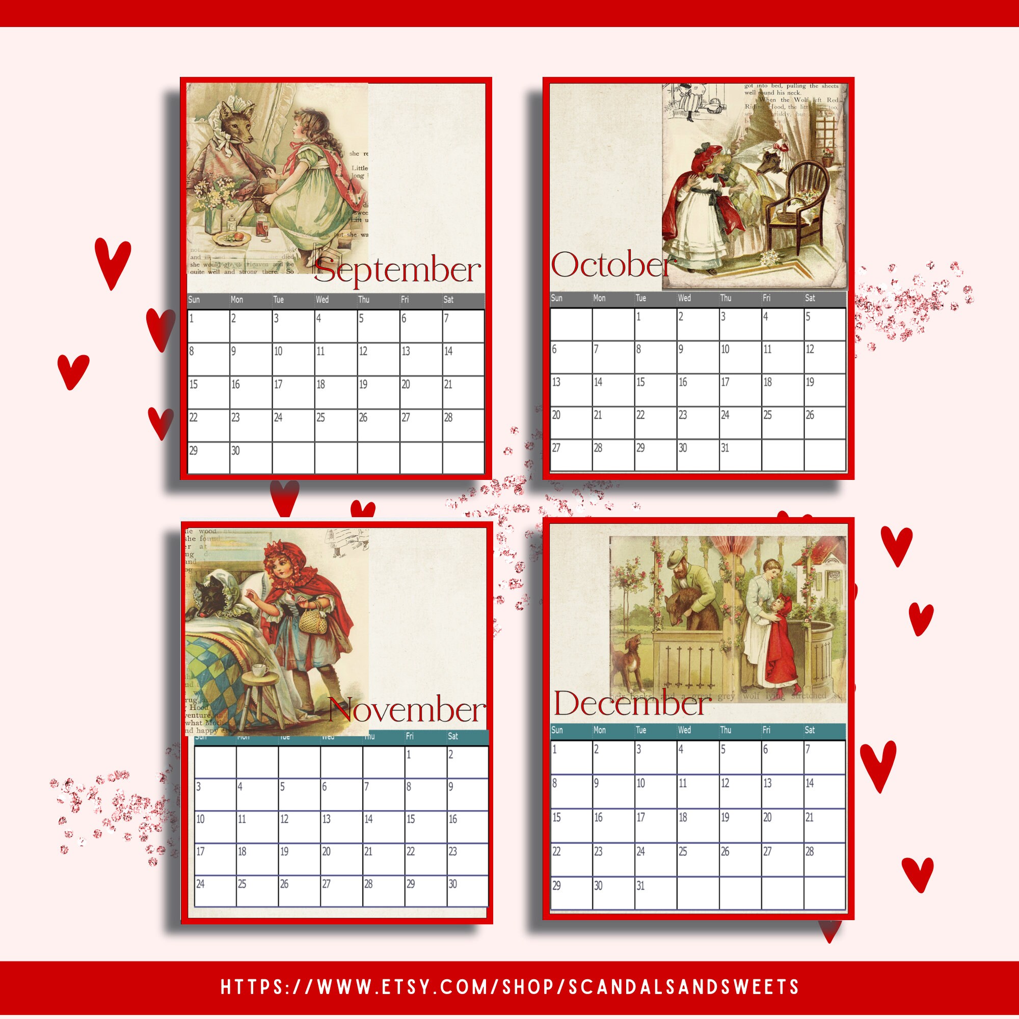 2024 Vintage Red Riding Hood Printable or Digital Monthly Calendars
