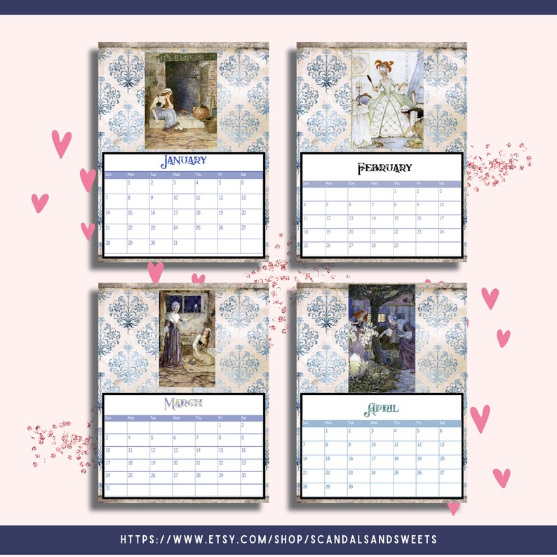 2024 Vintage Cinderella Printable or Digital Monthly Calendars Plus