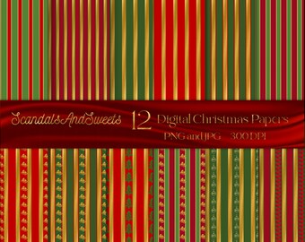 Christmas Digital Papers, Christmas Scrapbook Papers, Red Green and Gold Papers, Planner Borders, Planner Papers