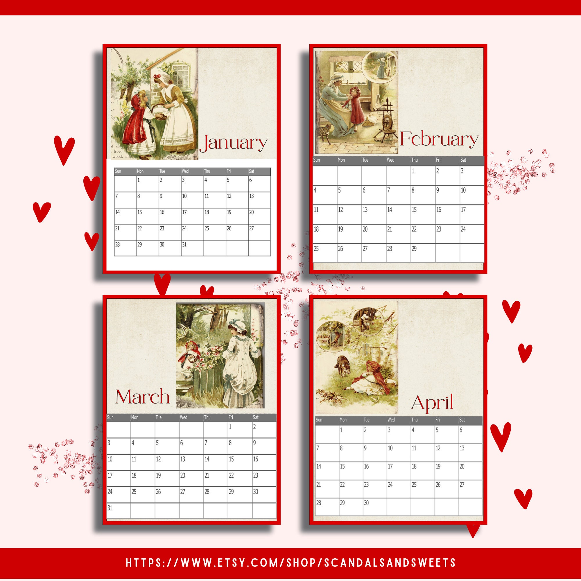 2024 Vintage Red Riding Hood Printable or Digital Monthly Calendars