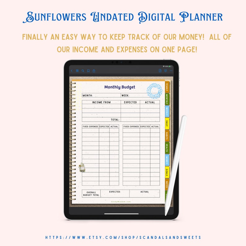 Sunflowers Undated Digital Planner, Monthly, Weekly, Daily Planner, Meal Planner, Men's Gift image 6