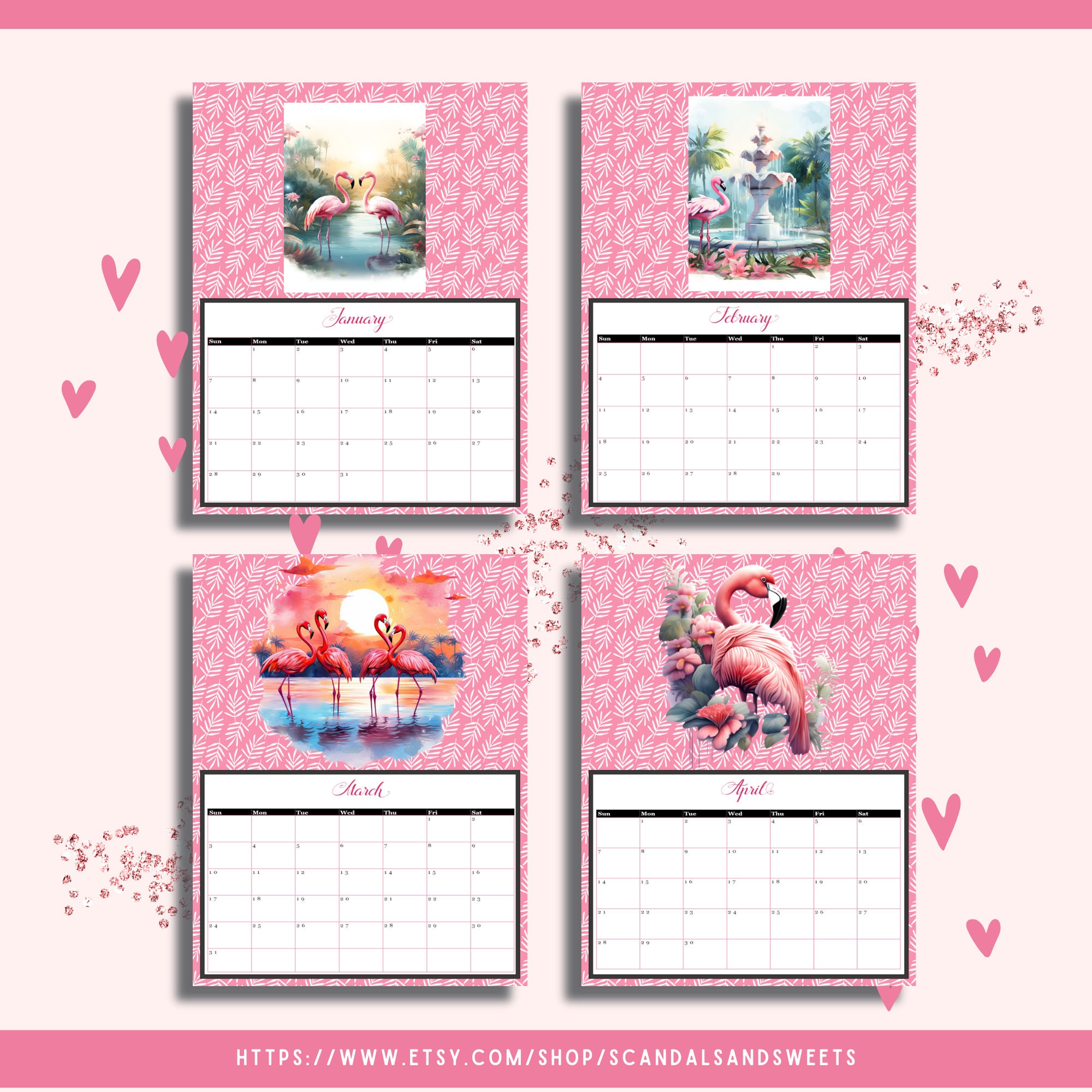 2025 Printable or Digital Tropical Flamingo Calendar Monthly Calendars