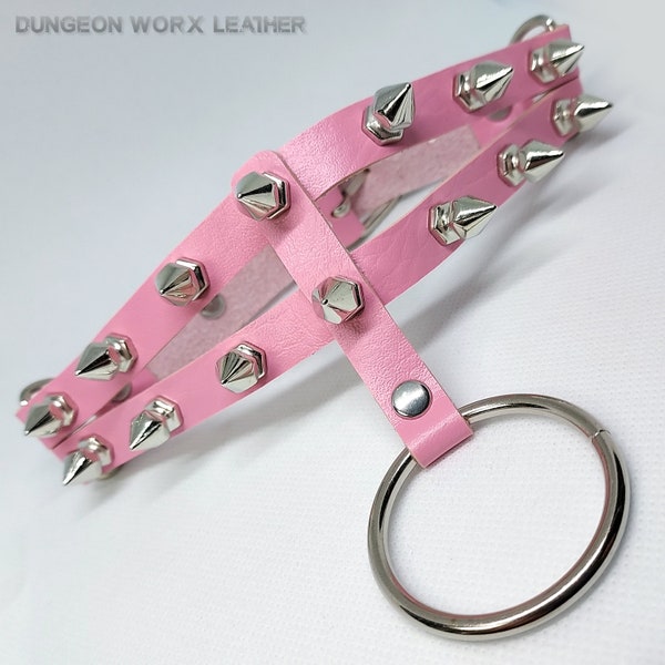 DWL Split-Band Studded Leather BDSM O-ring Collar in PINK