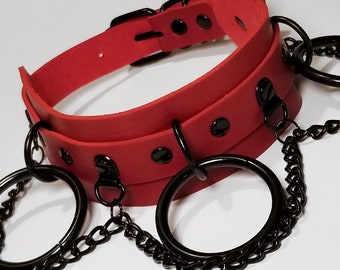 DWL 3-Chain 3 O-ring Leather BDSM Collar in RED