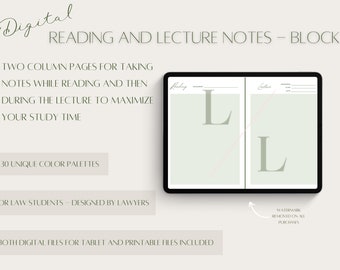 Law School Reading and Lecture Notes Block Page | Law School Essential Template | Digital and Printable